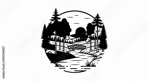 Black and white illustration of a forest scene with a river and bridge