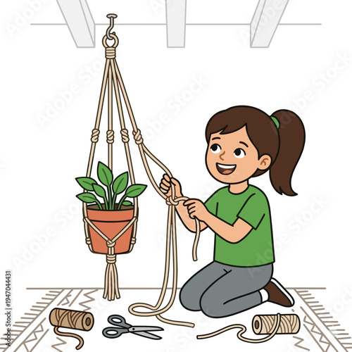 Girl crafting macrame plant hanger with rope and scissors creative diy home decor activity