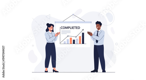 Business success: team celebrates completed project with growth chart presentation