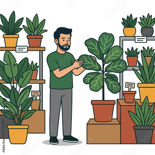 Man examining leaves of potted houseplant in garden center choosing healthy indoor plant for home gardening
