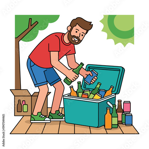 Man placing bottles of drinks into portable cooler preparing beverages for outdoor picnic or summer party