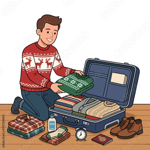 Man packing warm sweaters and clothes into suitcase preparing luggage for winter holiday travel