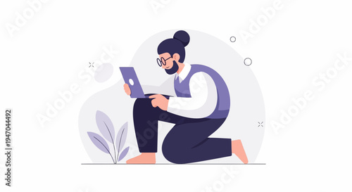 Bearded man in glasses kneels on ground using laptop with abstract shapes