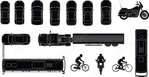 Top-down and side view silhouettes of cars, bus, truck, motorcycle, bicycles, RV, transportation vector illustration for traffic, urban planning, mobility, and educational design concepts