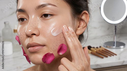 Asian Woman Applying Face Cream with Pink Rose Petals