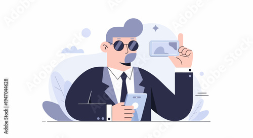 Man in suit holding smartphone and credit card, stylized illustration