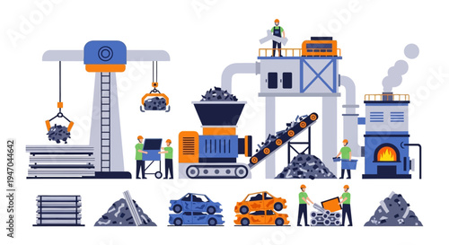 Scrap Metal Recycling Factory Process: Industrial Operations, Shredding, Smelting, and Reuse