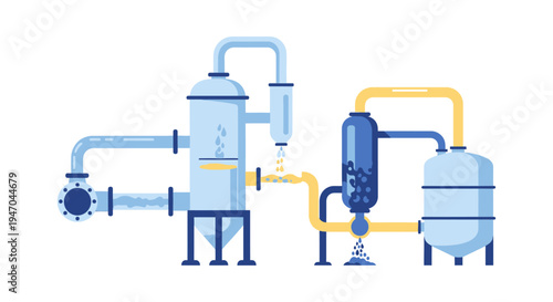 Industrial Process Plant Illustration: Water Treatment, Chemical Filtration & Oil Refinery System with Pipes, Tanks & Equipment