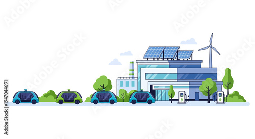 Electric Vehicles Charging at Green Energy Station with Solar Panels & Wind Turbine for Sustainable Smart City Mobility