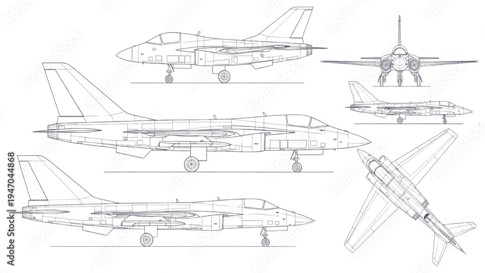 Fototapeta premium Military Fighter Jet Blueprint Technical Aircraft Line Drawing Multi View Aviation Engineering Diagram