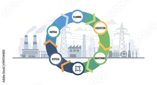 Industrial Asset Lifecycle Management Diagram: Planning, Acquisition, Maintenance, and Disposal Process Cycle Infographic