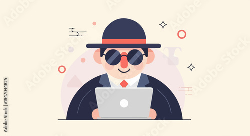 Cartoon agent with laptop, hat, sunglasses, and suit