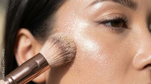 Macro Close Up of Applying Shimmering Highlighter on Glowing Skin