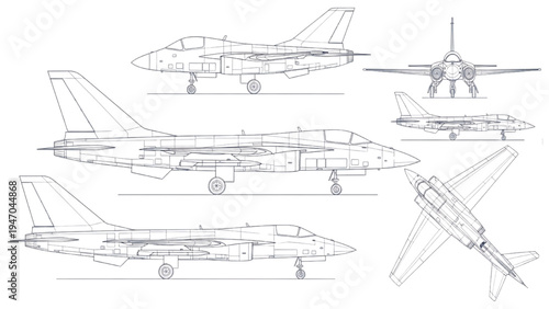 Military Fighter Jet Blueprint Technical Aircraft Line Drawing Multi View Aviation Engineering Diagram
