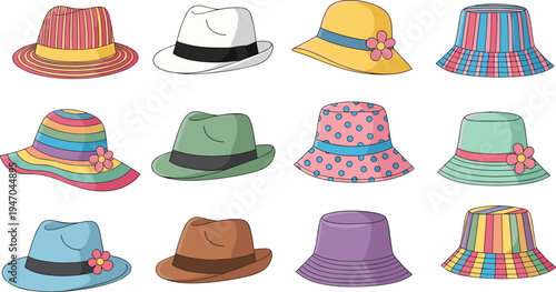 Colorful Fashion Hats Collection Vector Illustration With Summer Beach Hat Fedora Bucket Hat Stylish Headwear Accessories Design Set