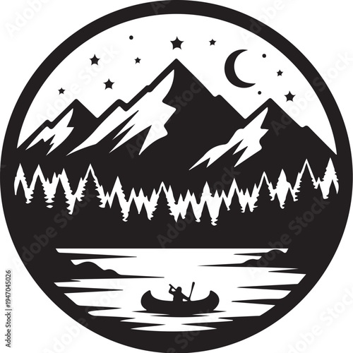 Black and white vector illustration of a canoe on a lake with mountains and stars