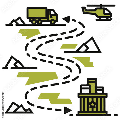 Military logistics and supply chain showing a truck and helicopter navigating a winding mountain route to a secure facility for strategic transport planning in a clean flat vector style