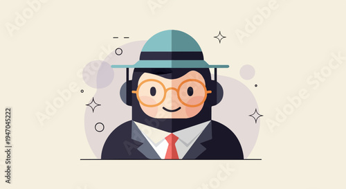 Cartoon ape in hat, glasses, and suit with abstract background