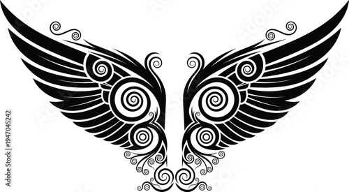 Vector Illustration of Stylized Black Wings with Ornate Floral Swirls and Tribal Scroll Elements Isolated on White Background for Tattoo Design and Luxury Branding