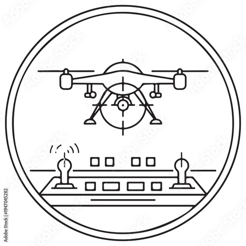 Minimalist drone icon with remote controller hovering in flight with wireless signal transmission, representing modern aerial technology, surveillance, and remote operation in clean black line art.