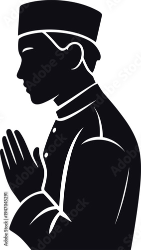 Muslim man praying silhouette with traditional cap, Islamic prayer gesture illustration, faithful believer performing dua and salah, religious devotion concept vector on white background