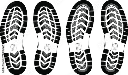Vector Silhouette Set of Tactical Boot Footprints and Heavy Duty Shoe Sole Tread Patterns Isolated on White Background for Forensic Evidence and Outdoor Adventure