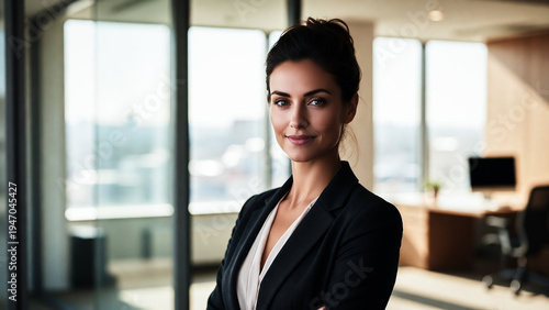 Free Download A woman in a business suit smiles confidently, standing in a modern office with a city view. - GFXLoad