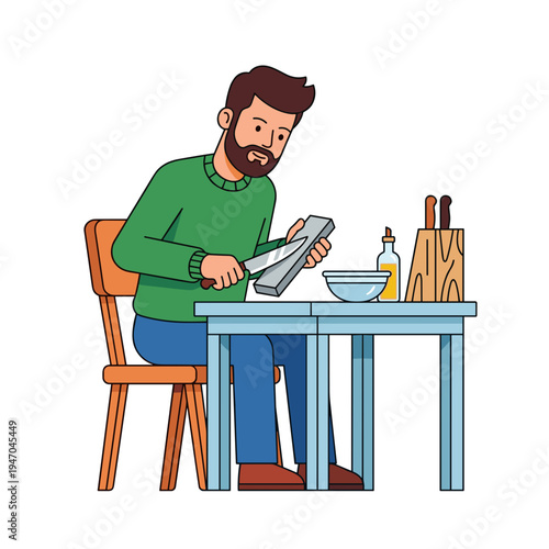 Man sharpening kitchen knife on whetstone preparing sharp blade for cooking and food preparation
