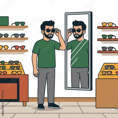 Man trying on sunglasses in eyewear store looking at mirror while choosing stylish glasses