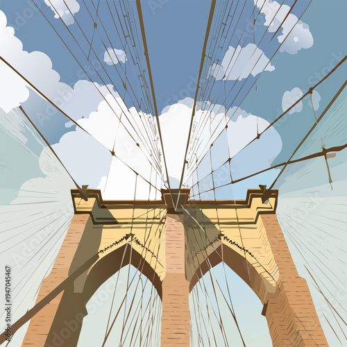 Abstract illustration of a suspension bridge with blue sky and white clouds