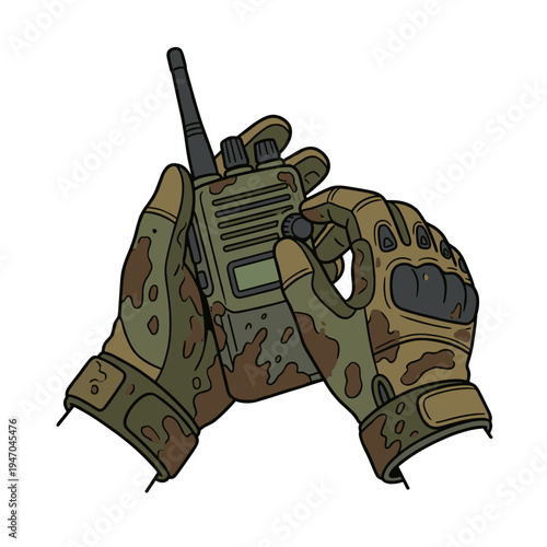 Camouflaged gloved hands holding military radio device for battlefield communication