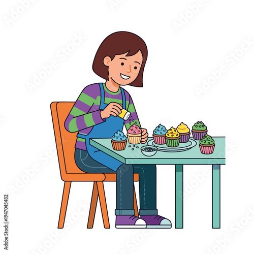 Teenager decorating colorful cupcakes with icing and sprinkles during home baking activity