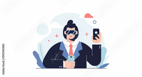 Flat illustration of a person in a suit wearing VR goggles holding phones