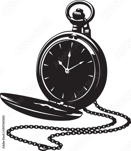 Vector illustration of open pocket watch with chain