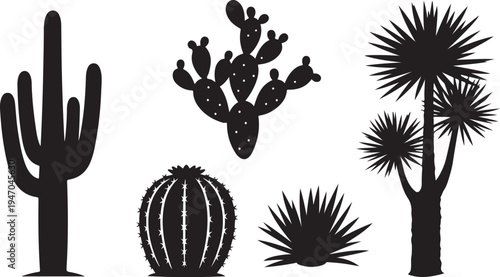 Set of 5 black cactus icons vector