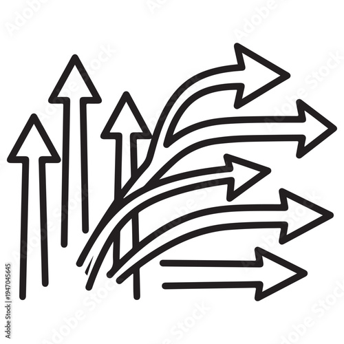 Minimalist Black Line Art Illustration of Multiple Arrows Branching Out and Pointing Upwards Representing Strategic Business Growth Diversification and Market Expansion Concepts