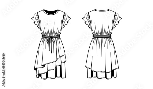 Fashion Dress Flat Sketch Front Back View Apparel Design Vector
