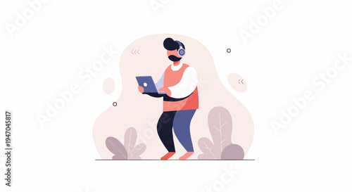 Person with headphones working on laptop, surrounded by plants and abstract shapes