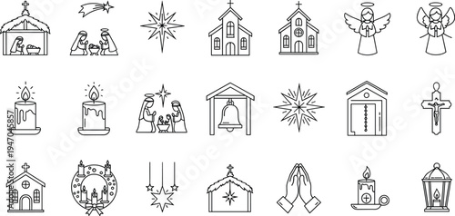 Christmas Nativity and Christian Religion Line Icon Set Featuring Baby Jesus Manger, Church Buildings, Angels, Cross, Candles, Star of Bethlehem and Prayer Symbols