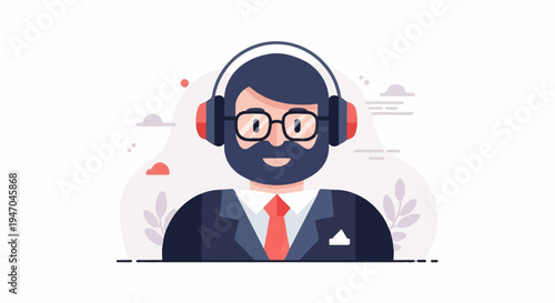 Flat illustration of a bearded man wearing headphones and glasses