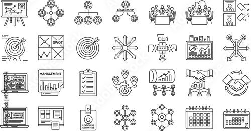 Business Strategy and Management Line Icon Set Featuring Leadership, Target Goals, Analytics Dashboard, Teamwork Meeting, Marketing Plan, Network Structure, Calendar, and Corporate Growth Symbols