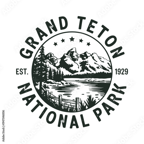 Grand Teton national park vintage emblem with mountain landscape