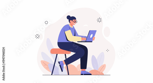 Flat design illustration of a woman with glasses working on a laptop on a stool
