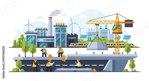 Modern City Infrastructure Construction: Workers Building Roads & Bridges with Crane, Featuring Green Energy & Transportation