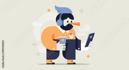 Cartoon bird character wearing headphones, holding coffee and phone