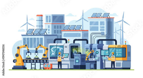 Smart Factory with Industrial Automation, Robotics, and Green Energy Integration. Modern Manufacturing, Sustainable Production, and Industry 4.0 Concept.