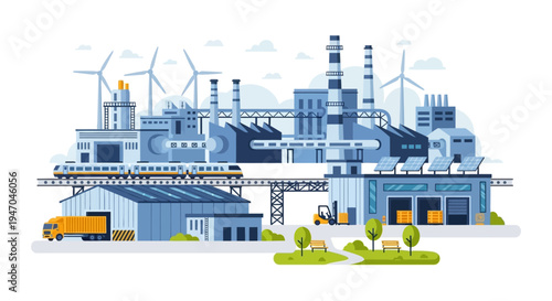 Modern Industrial Cityscape with Factories, Warehouses, Logistics, and Renewable Energy Integration: Wind Turbines & Solar Panels