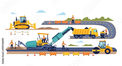 Road Construction Project with Heavy Machinery: Bulldozer, Paver, Dump Truck, and Roller, Operated by Construction Workers - Infrastructure Building Vector