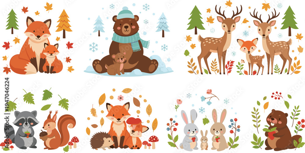 Fototapeta premium Cute Woodland Animals Vector Set Featuring Fox, Bear, Deer, Rabbit, Raccoon, Hedgehog and Squirrel with Seasonal Nature Elements for Children Illustration