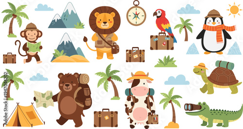 Cute Animal Travel Adventure Vector Set Featuring Lion, Bear, Monkey, Penguin, Cow, Turtle and Crocodile with Suitcases, Map, Tent and Nature Elements